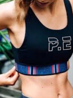 P.E Nation Black Sports Bra with Blue and Red Stripe Band